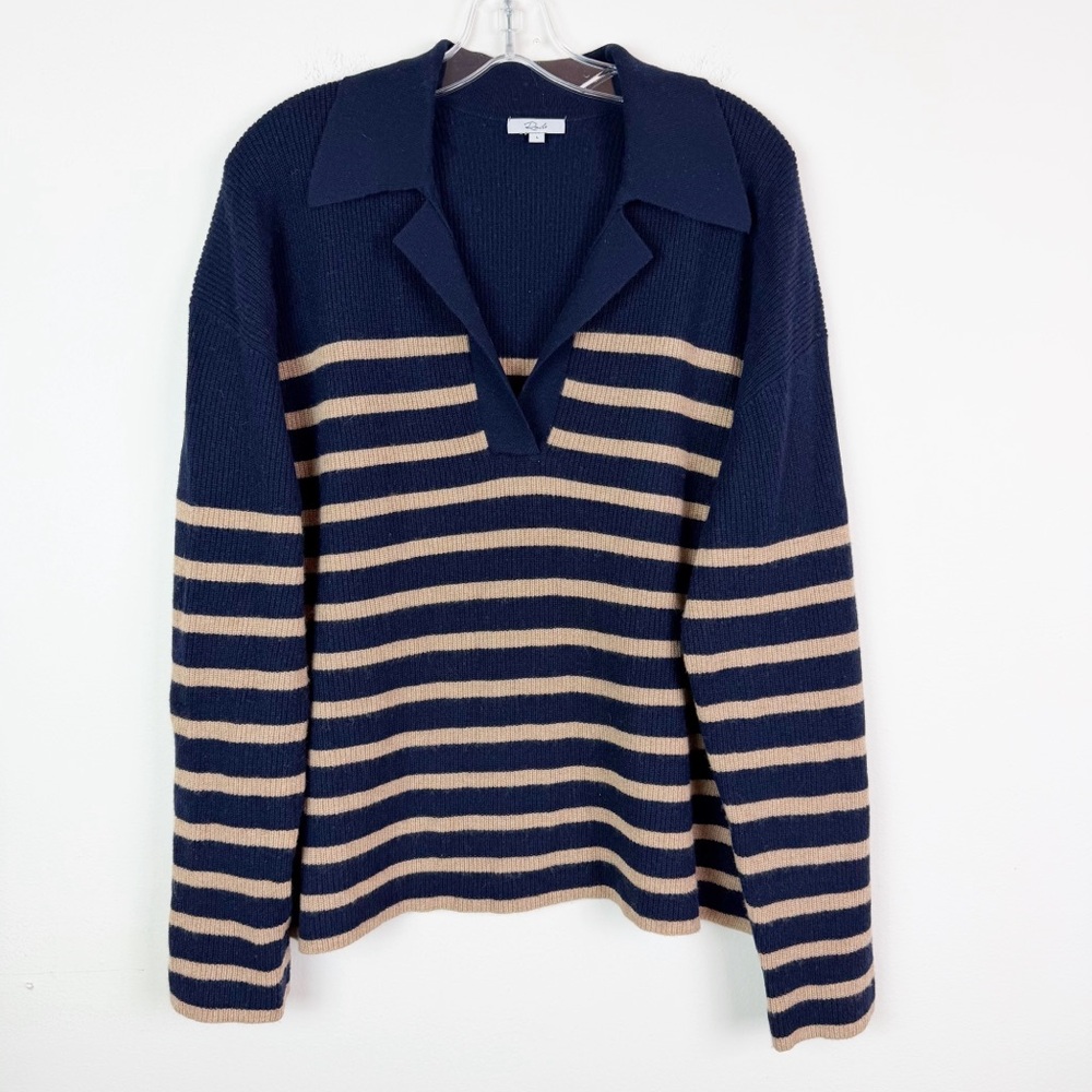 Rails Harris Wool Cashmere Polo Sweater in Camel Navy Stripe Size L - Picture 4 of 15